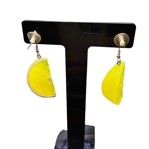 Pierced Earrings Fun Novelty Yellow Lemon Wedge French Wire Acrylic Fashion - Picture 3 of 5